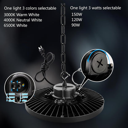 UFO High Bay Light,150W LED Shop Lights,3000K 4000K 6500K LED Garage Light with US Plug Cord, 0-10V Dimmable,Commercial Bay Lighting for Gym Factory Warehouse Barn
