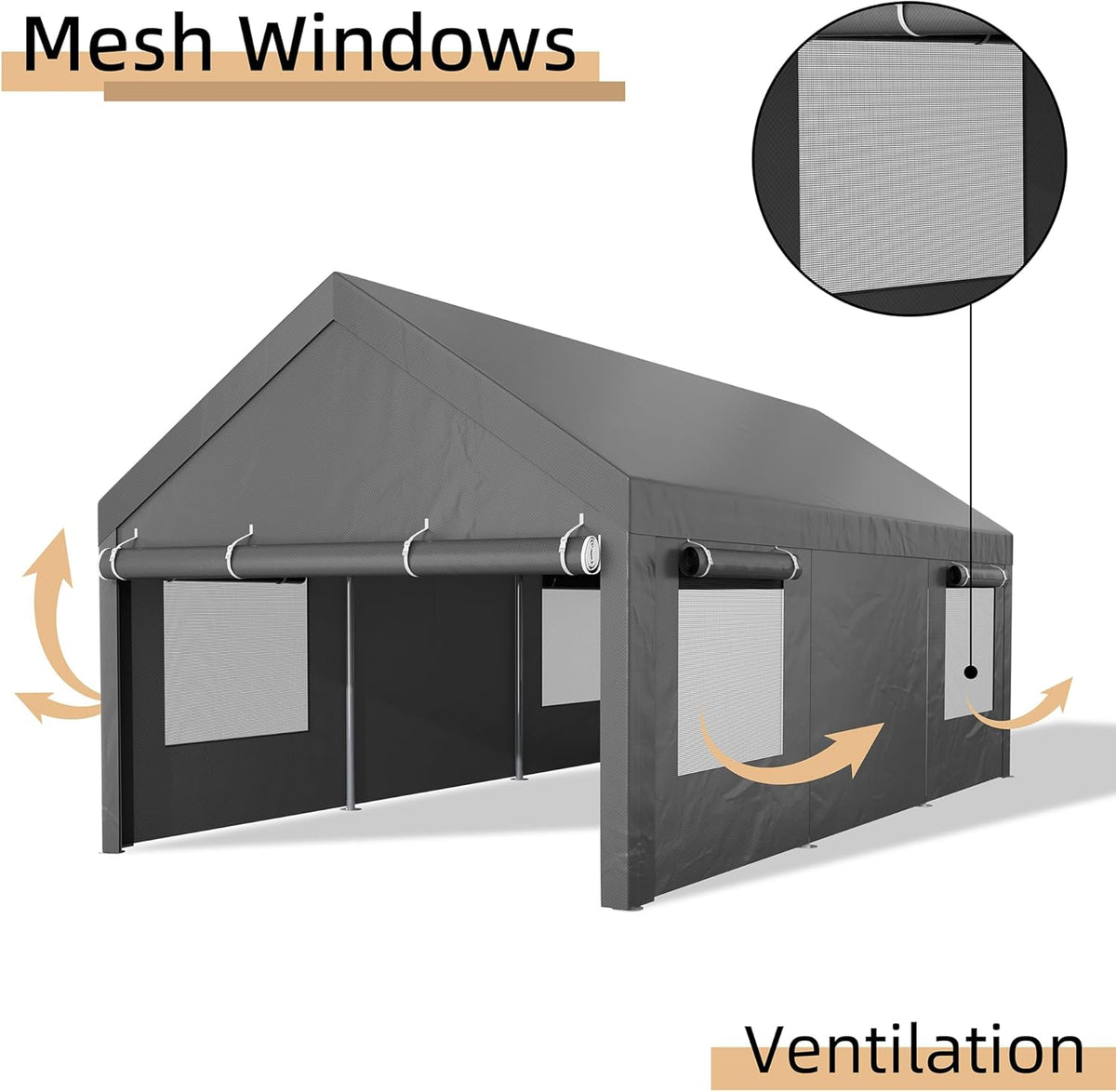 JY QAQA 10x20 FT Heavy Duty Carport with Removable Side Walls and Doors, Portable Garage with Roll-Up Window and Sandbags, Car Canopy with All-Season Tarp for Cars, Trucks, Boats, Grey