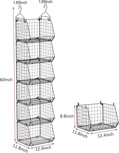 6 Tier Closet Hanging Organizer, Clothes Hanging Shelves with 4 Hanging Hooks 5 S Hooks, Wire Storage Basket Bins, for Clothing Sweaters Shoes Handbags Clutches Accessories Patent Design-Black