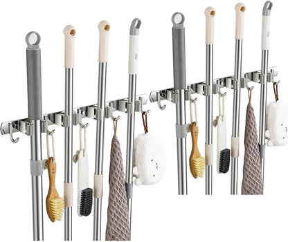 2 Pack Wall Mount, Stainless Steel Broom Hanger, Heavy Duty Mop and Broom Holder Tool Racks Utility Hooks for Laundry Room Garden Garage, Grey (4 Racks and 5 Hooks)