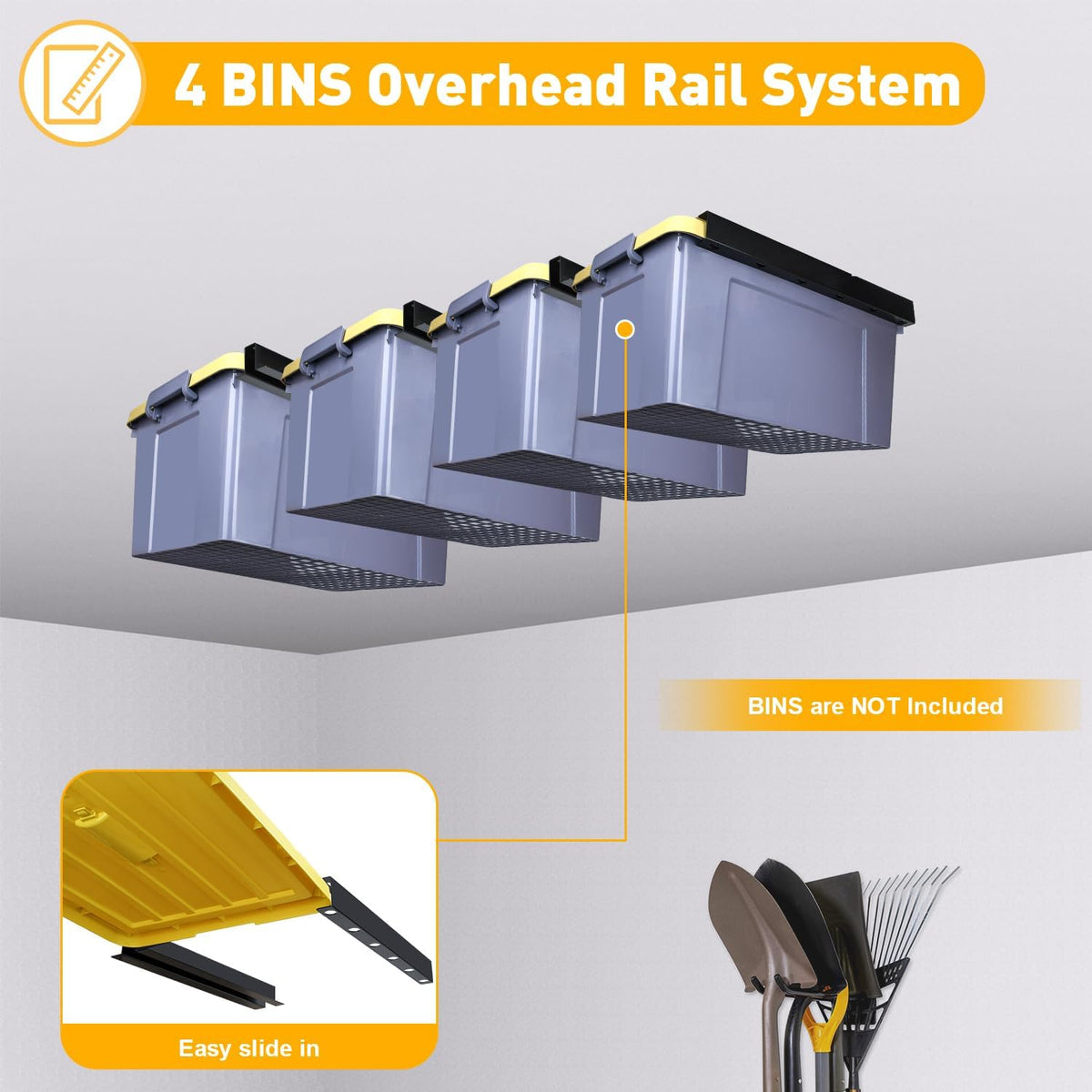 TOPOWN Overhead Garage Ceiling Bin Storage Rack, Heavy Duty Tote Slide Garage Storage System Overhead Tote Storage Rail System (for 4 Bins)