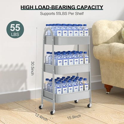 EAGMAK 3 Tier Utility Rolling Cart, Metal Storage Cart with Handle and Lockable Wheels, Multifunctional Storage Organizer Trolley with Mesh Baskets for Kitchen, Living Room, Office, Garage (Grey)