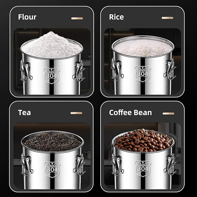 304 stainless steel food storage containers with lids lock clips airtight container large airtight for rice flour sugar grain coffee bean storage containers Kitchen jar (8.72gal/33L)