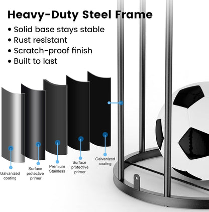 Garage Ball Storage Rack – Freestanding & Wall Mounted Sports Organizer with Elastic Cords Holds 7 Balls – Space Saving Basketball Soccer Football Holder for Home Kids Room