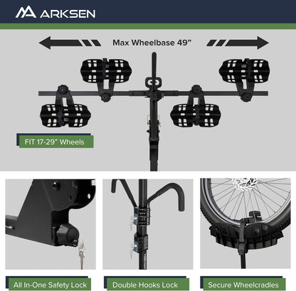 Arksen Electric Bike Rack Hitch, Foldable Quick Release Smart Tilting 2 Ebike Rack Platform Style Carrier w/Car Lock for Up to 5.5" Fat Tires for Car, SUV, Trucks - 170 lbs Heavy Weight Capacity