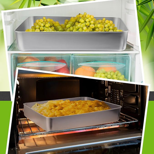 Tioncy 3 Set Stainless Steel Cake Pan with Lid 13/11/9 Inch Rectangle Sheet Baking Pan with Covers Bakeware with Lids for Cakes Breads Casseroles Fish Vegetables and More