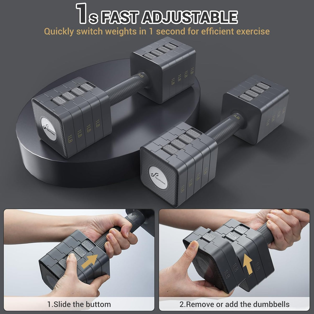 Adjustable Dumbbells Hand Weights Set: Sportneer 5 in 1 Weight Adjustment 10 LB Dumbbells Set of 2 Free Weights Fast Adjust Dumbbell Weight Set for Women Men Home Gym Exercise Workout Strength