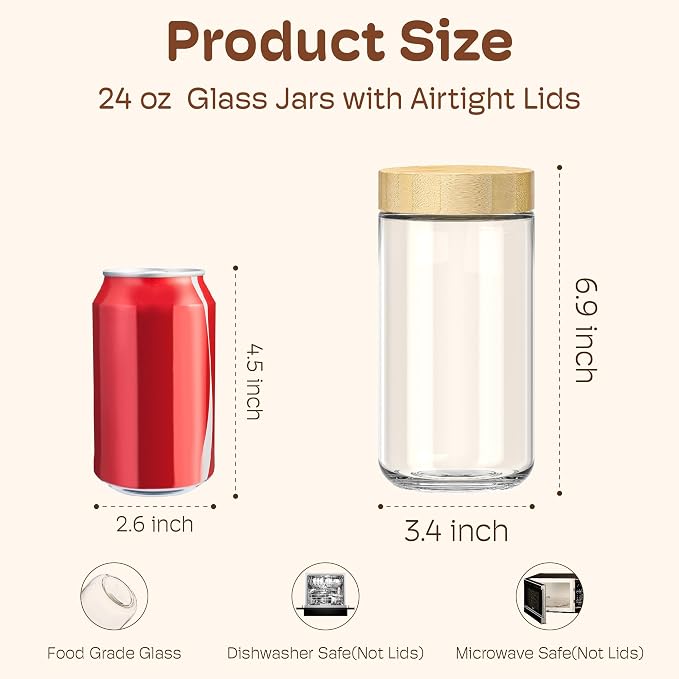 2 pack 24oz Overnight Oats Containers with Bamboo Lids, Glass Jars with Airtight Lids for Meal Prep, Wide Mouth Mason Salad Jars, Glass Food Storage Container for Yogurt Chia Snacks Spice Sugar