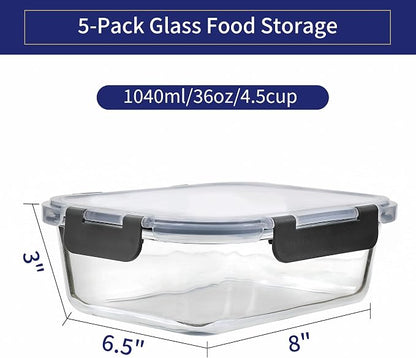 MFY 5-Pack 36 OZ Glass Storage Containers with Lids, Glass Meal Prep Containers Set, Airtight Lunch Containers with Lids, Microwave, Oven, Freezer and Dishwasher Safe, Gray