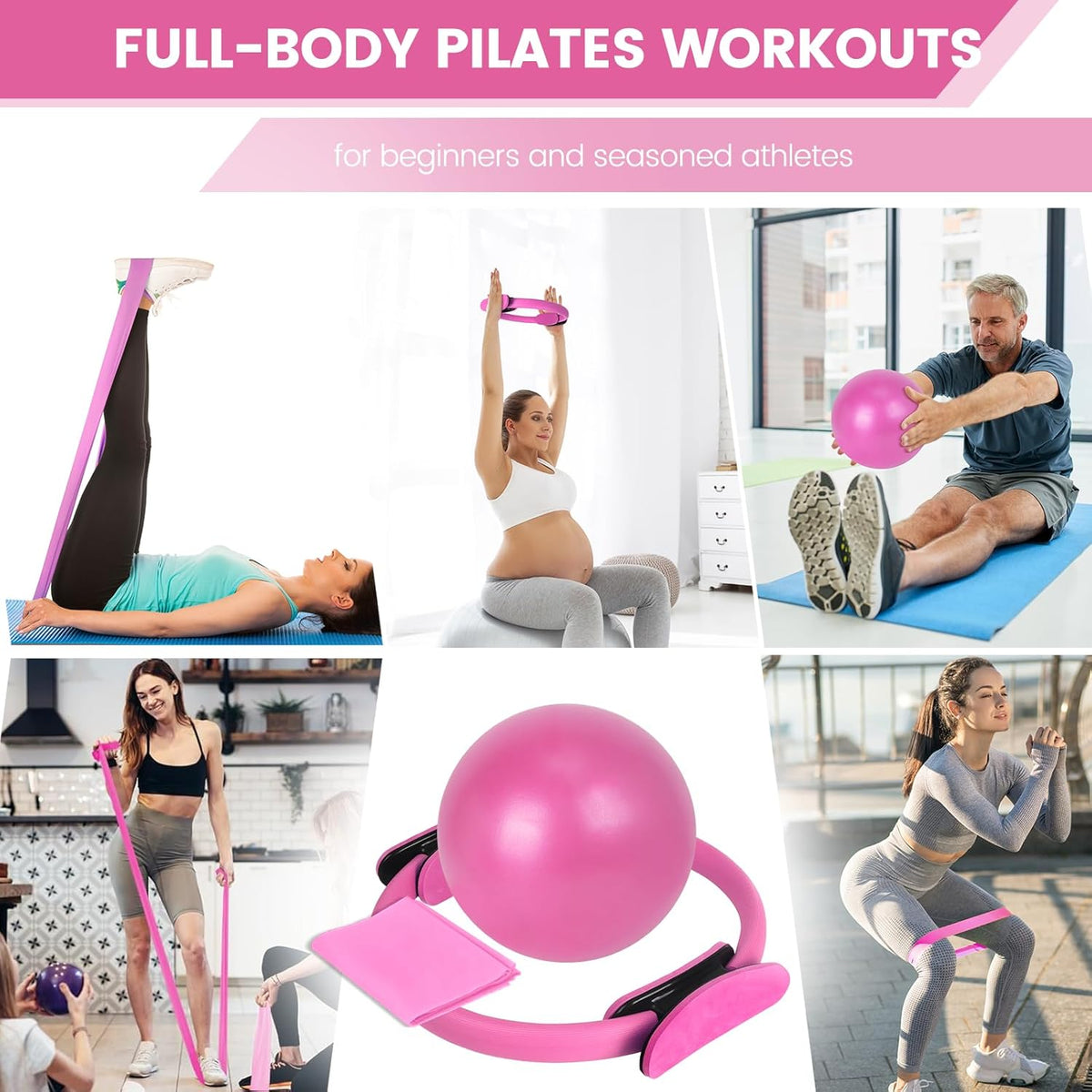 Pilates Ring and Ball Set Bulk, Pilates Equipment with 12 Inch Pilates Circle Rings, Small Yoga Balls, Resistance Bands, Pilate Essential Kit Bulk for Home Workouts Women, Pilates & Yoga Studio