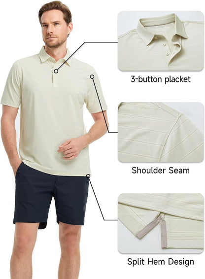 Rouen Polo Shirts for Men Dry Fit Performance Heather Stripe Golf Polo Moisture Wicking Lightweight Breathable Golf Shirts