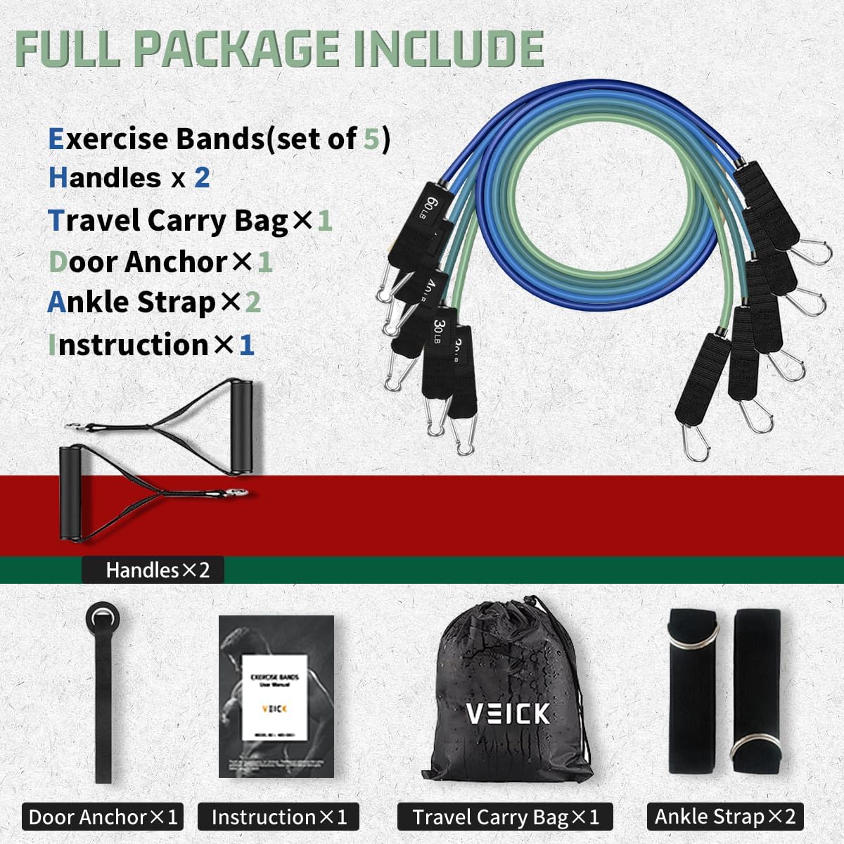 VEICK Resistance Bands, Exercise Bands, Workout Bands, Resistance Bands for Working Out with Handles for Men and Women, Exercising Bands for Fitness Weights Work Out at Home