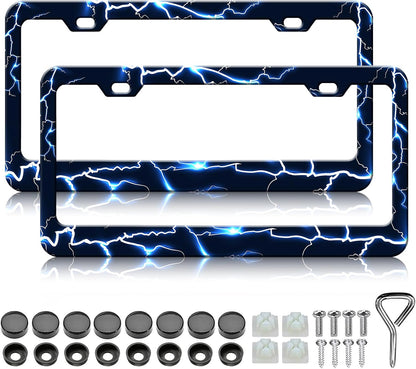 Blue Lightning License Plate Frames - 2 Pack Funny Thunder Stainless Steel License Plate Holder,Rust-Proof Waterproof Car Decorative Tag Frame with Screws Fasteners Caps