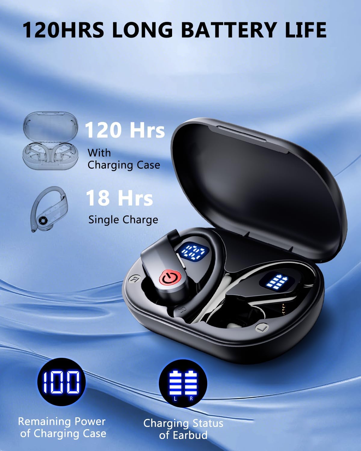EUQQ Ear Buds Wireless Bluetooth Earbuds, Noise Cancelling Headphones 120H Playtime，IPX7 Waterproof Sports with Earhooks,LED Display Wireless Earphones for Running Gym Workout-Black