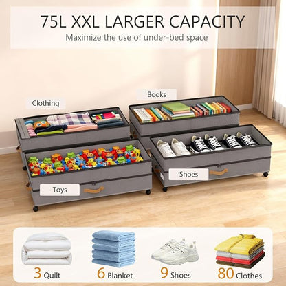 Under Bed Storage with Wheels 2-Pack, 75L XXL Under the Bed Storage Containers Large, 12" Tall Adjustable Storage for Underbed with Lids, Rolling for Clothes, Shoes, Blankets (Grey)