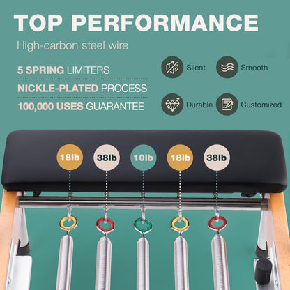 Pilates Reformer, ARKANTOS Reformer Pilates Machine Foldable Beech Wood Frame, Adjustable Resistance with Box and 2 Jump Boards, Easy Storage for Home Gym