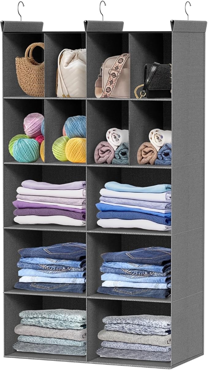 Ofiray-home 5 Tier Hanging Closet Organizer, 14 Compartments Sweater Organizer for Closet with 3 Sturdy Hooks, Closet Organizers and Storage, Wardrobe, Rv, Garment Rack, Grey