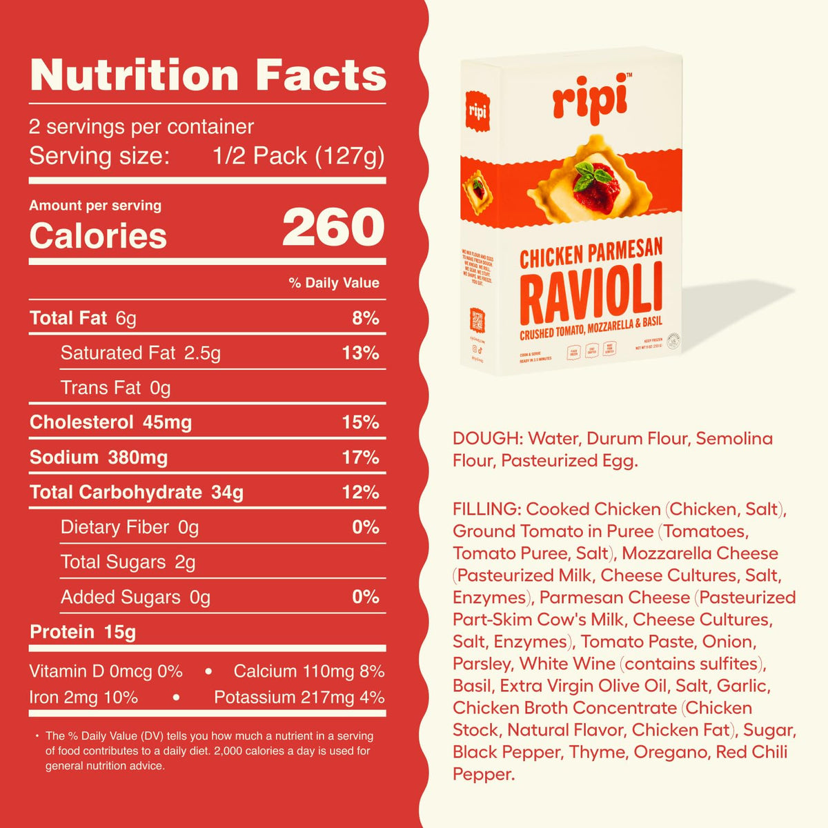 Ripi Chicken Parmesan Ravioli - Crushed Tomatoes, Mozzarella & Basil - Frozen Pasta Meal - Ready in Under 5 Minutes, 9oz packs (6 Pack, Chicken Parmesan)