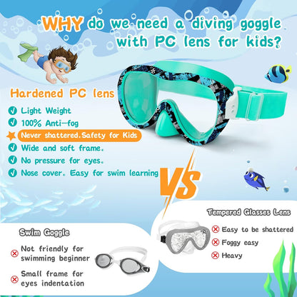 Kids Swim Goggles 180° Snorkel Diving Mask with Nose Cover, Anti-Fog Kids Swimming Goggles with Elastic Fabric Strap for Kids Boys Girls