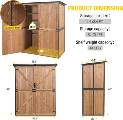 Aivituvin Storage Shed Outdoor Storage Cabinet Upgraded with All Arounded Metal Frame, Wooden Floor and Adjustable Shevels 55" L x 29" W x 67" H, Brown