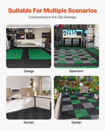 VEVOR Interlocking Drainage Mat, 12” x 12” Modular Interlocking Cushion, 24 Pcs Splicing Drainage Mats, Non-Slip Black PP Drainage Floor Tile and Shower Mat, for Garage, Garden, Kitchen & Outdoor