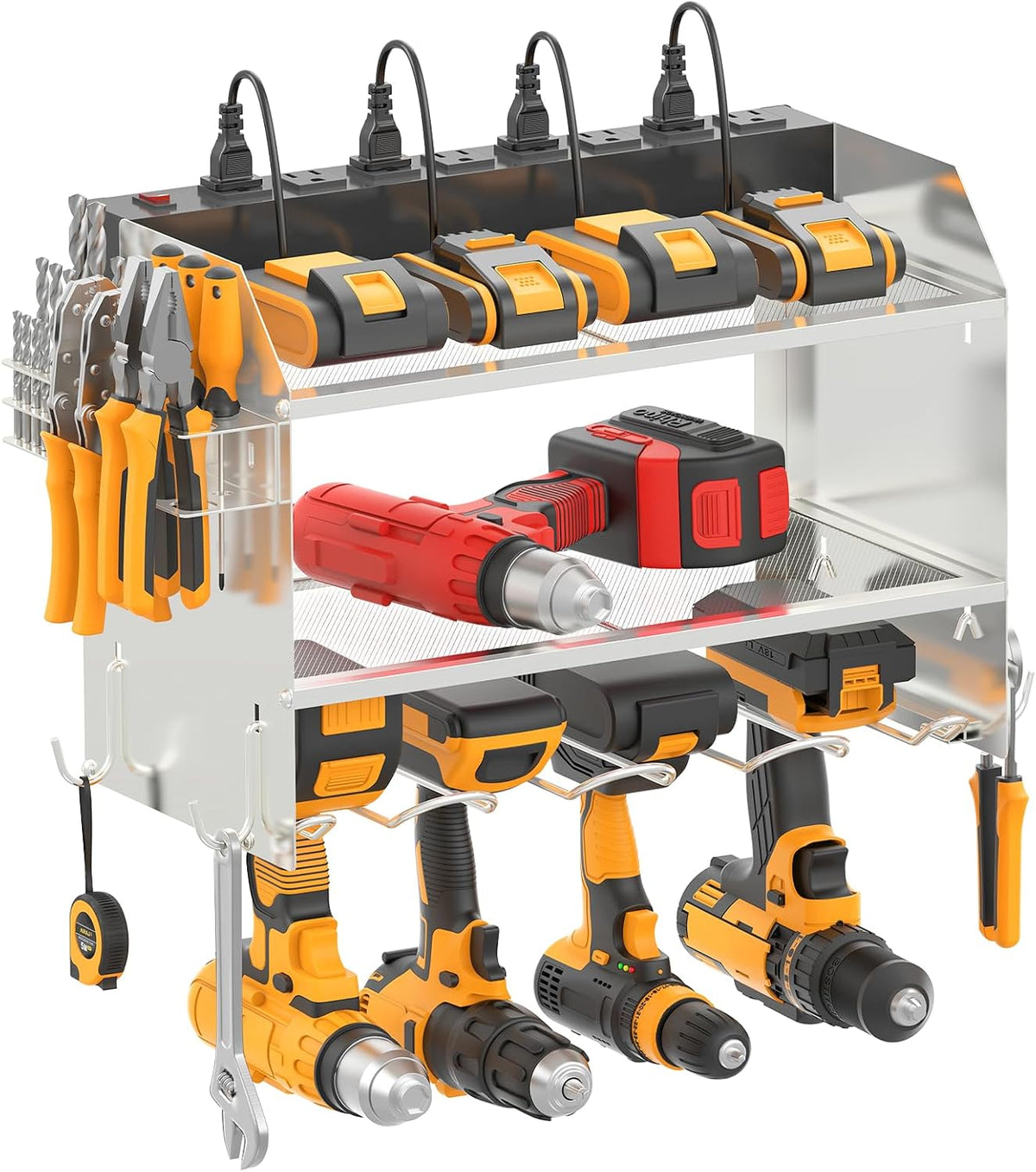CCCEI Modular Power Tool Organizer Wall Mount with Charging Station. Garage 4 Drill Storage Shelf with Hooks, Drill Bit Heavy Duty Rack, Silver Tool Battery Holder Built in 8 Outlet Power Strip.