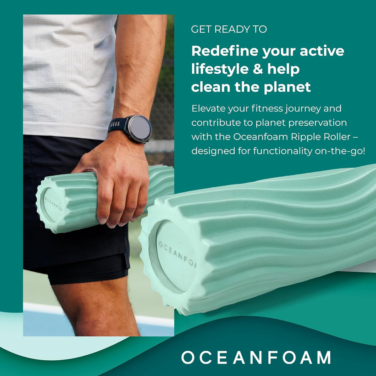 Oceanfoam Ripple Travel Foam Roller (11" x 3.35") Firm Mini Foam Roller for Physical Therapy, Deep Tissue Massage, Back Pain - High Density, Ergonomic Wave Textured - Yoga, Pilates, Exercise (Seafoam)