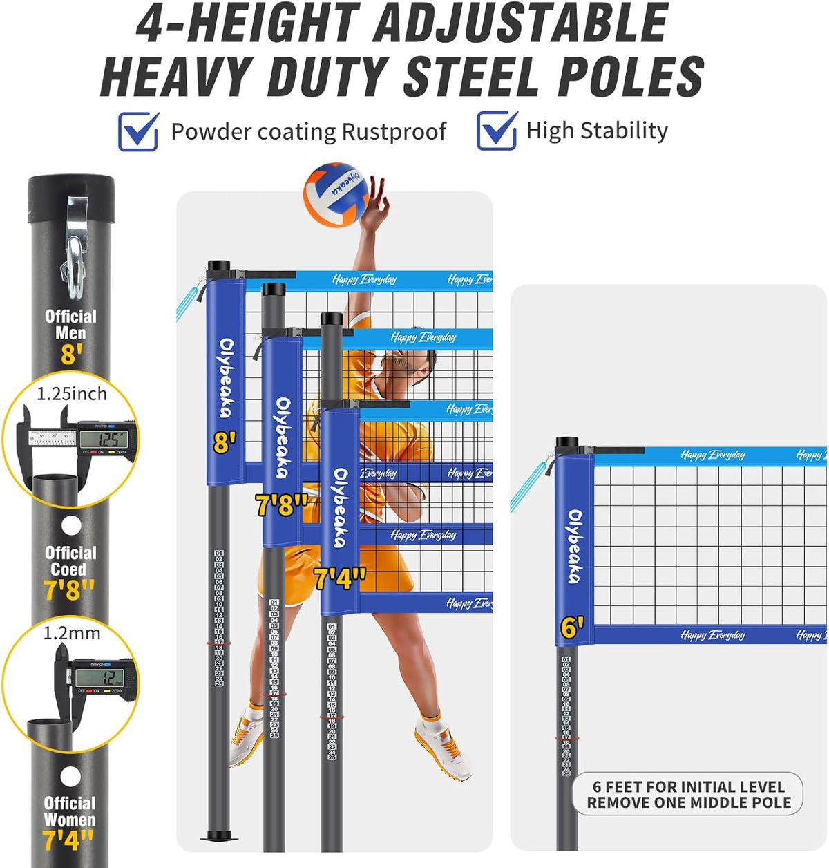 Portable Outdoor Volleyball Net Set System for Backyard Beach with Heavy Duty Poles, Durable Net, PU Volleyball & Pump, Carry Bag