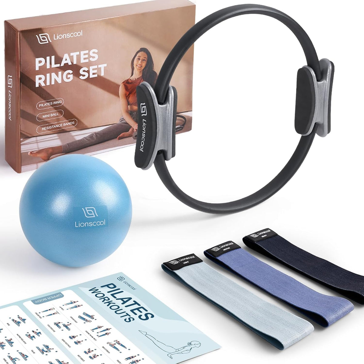 LIONSCOOL Pilates Ring Set – 14" Anti-Deformation Magic Circle with Padded Handles, Mini Ball, Resistance Bands, Guide & Bag
