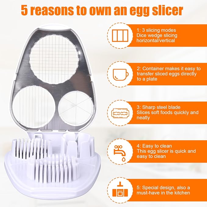 3-in-1 Egg Slicer with Cleaning Brush, 3 Slice Modes Egg Cutter Stainless Steel Dicer Multipurpose Kitchen Chopper Utensil for Hard Boiled Eggs Strawberry Tomato Butter Mushroom
