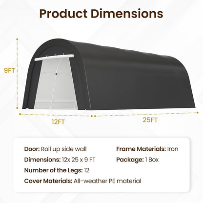 Kiss the Water Carport, Round Portable Garage, Steel Heavy Duty Carport with Ground Stakes, Tensioner and 2 Roll Up Windows PE Fabric Car Port, Garage, Storage Shed, Tent for Storage, SUV (12x25 Ft)