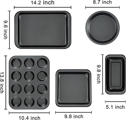mobzio Kitchen 5-Piece Nonstick Bakeware Set - Round/Square Cake Pans, Muffin Pan, Loaf Pan, Roast Pan & Baking Sheets