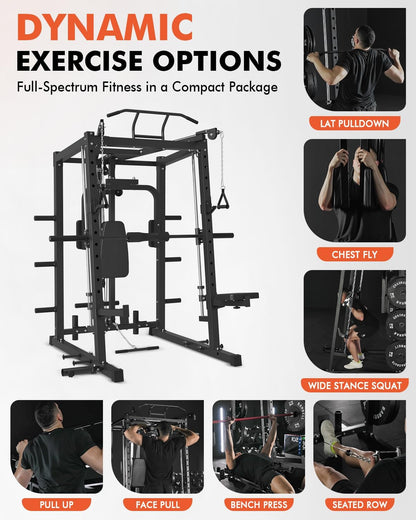 Mikolo All-in-One Smith Machine Home Gym, 2000LBS Power Cage with Cable Crossover System, Integrated Squat Rack with Weight Bar for Full-Body Training—LAT Pulldown, T-Bar Row, Triceps, Chest Fly