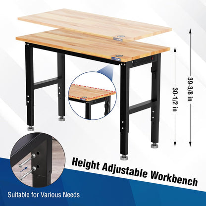WORKPRO Garage Workbench, 48"X22" Adjustable Workbench with Wheels and Leveling Foot, Rubber Wood Top Work Desk with Power Outlets, 1500 LBS Workbenches for Garage, Workshop