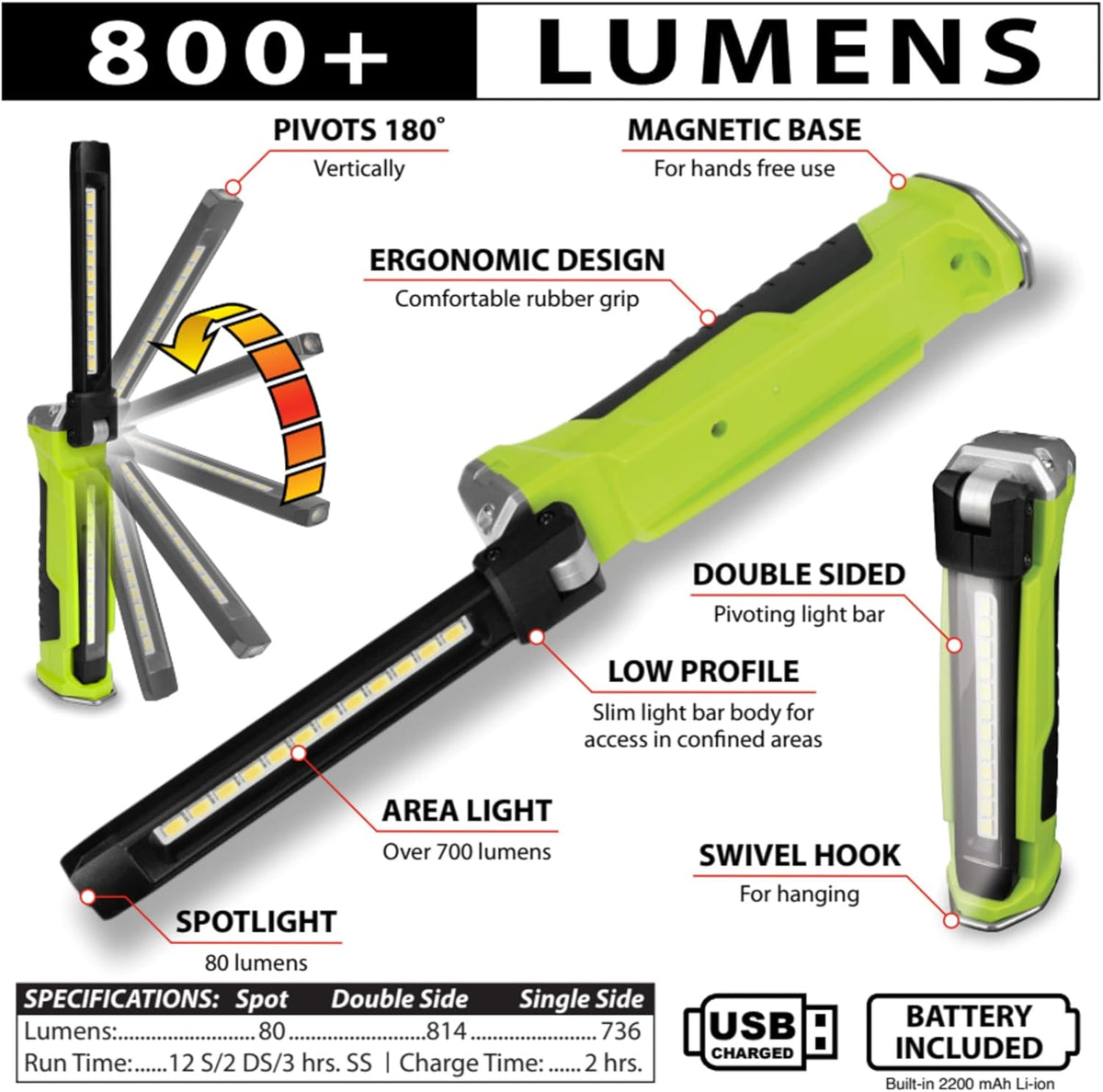 Performance Tool W2670 Double Sided Pivoting Light Bar with 800+ Lumens, Magnetic Base and Rechargeable Battery for Hands-Free Use in Confined Areas