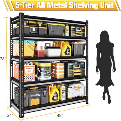 48" W Garage Shelving Heavy Duty, 3000LBS Loads Adjustable Garage Storage Shelves, 5-Tier Metal Shelving Units and Storage Racks, Industrial Utility Shelf,48" Wx24 Dx78 H, Black