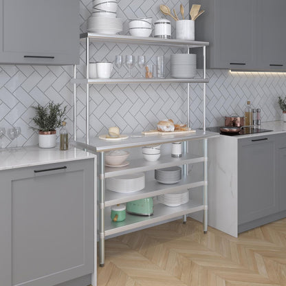 Amgood 18" x 48" Stainless Steel Work Table with 3 Shelves and 12" Wide Double Tier Overshelf | Metal Kitchen Prep Table & Shelving Combo | NSF