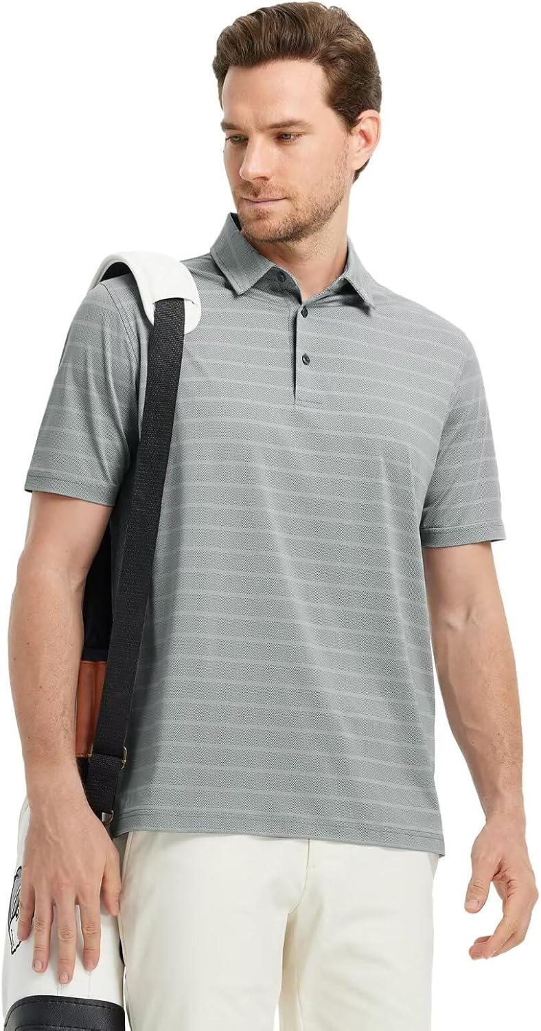 M MAELREG Golf Shirts for Men Short Sleeve Dry Fit Casual Striped Performance Moisture Wicking Collared Mens Polo Shirts