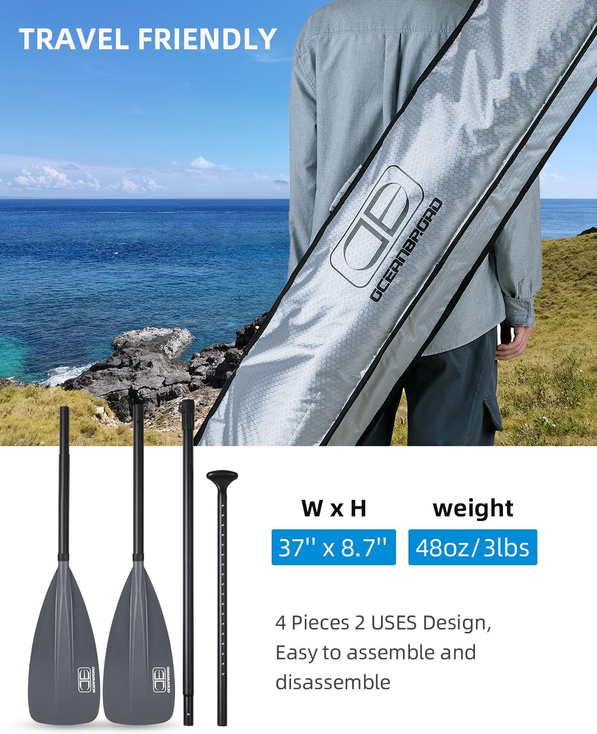 OCEANBROAD SUP Paddle - Adjustable Stand-Up Paddle for Paddleboard Kayak, Adjustable Aluminum Alloy Shaft with Reinforced Nylon Blades