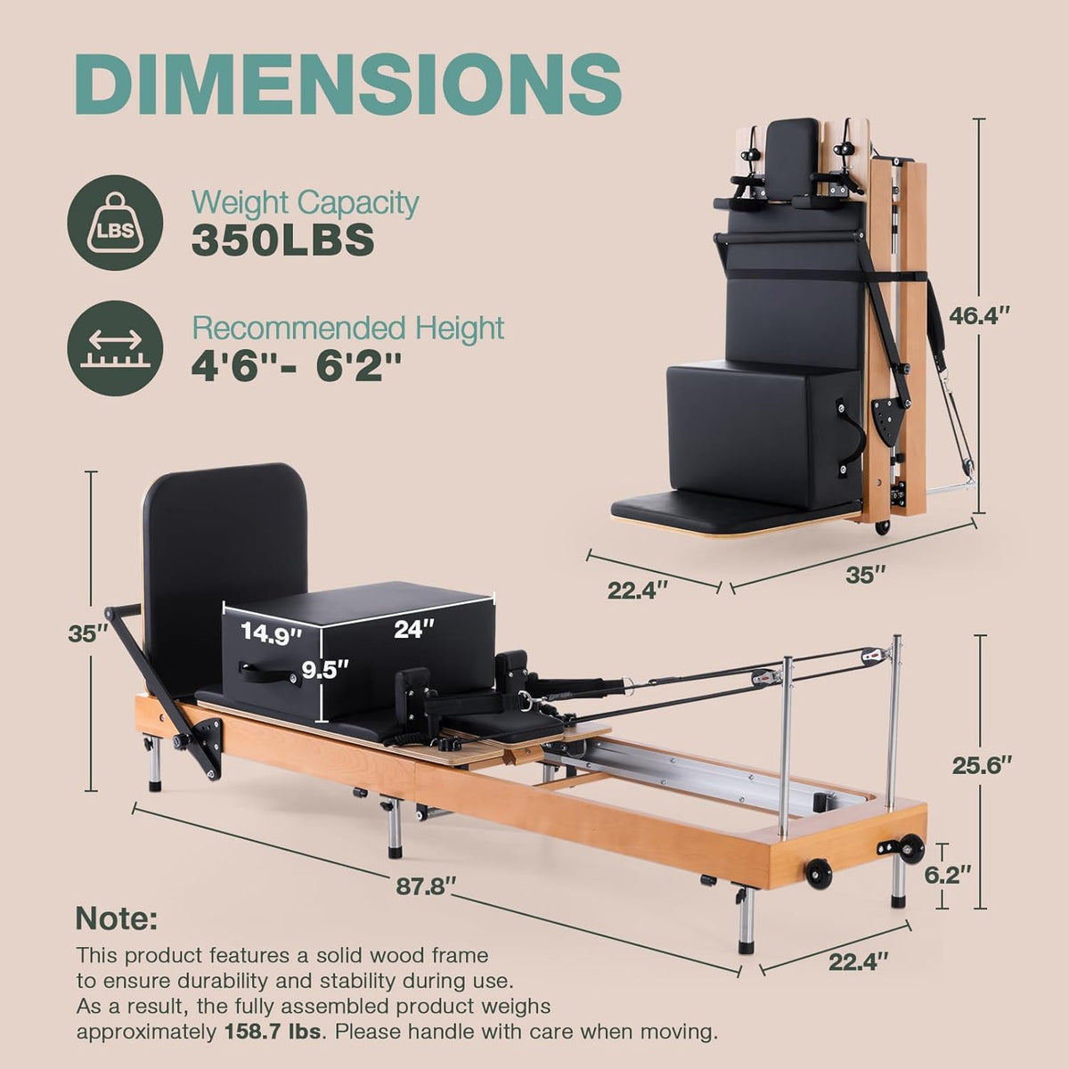 Pilates Reformer, ARKANTOS Reformer Pilates Machine Foldable Beech Wood Frame, Adjustable Resistance with Box and 2 Jump Boards, Easy Storage for Home Gym