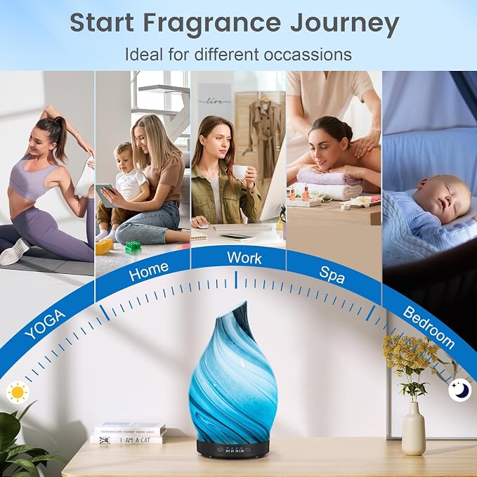 Essential Oil Diffuser, 120ML Glass Aromatherapy Diffuser with Auto Shut-Off and 7 Color LED Lights, Ultrasonic Mist Humidifier with 4 Timer for Home Office Bedroom (Gray Wave)