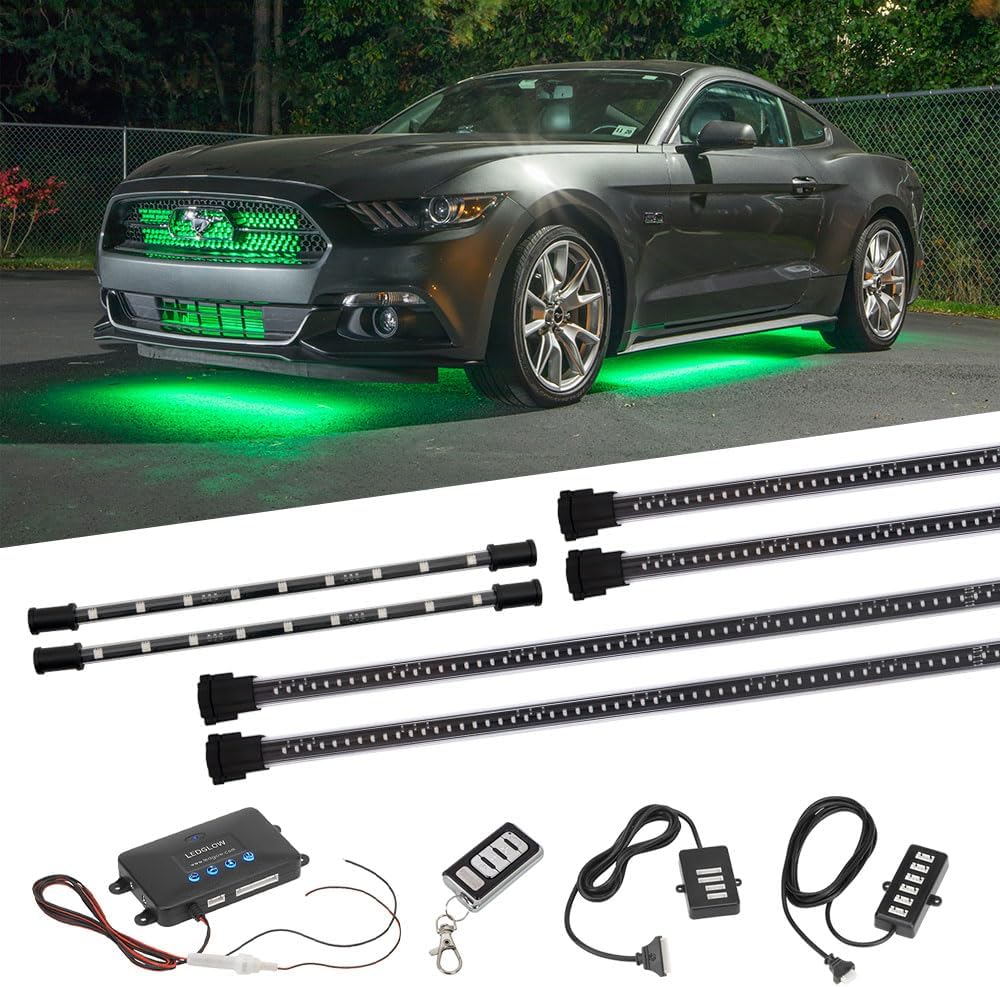 LEDGlow 4pc Million Color Multi-Color LED Underbody Underglow & 2pc Interior Footwell Accent Lighting Kit for Cars - 18 Solid Colors - 12 Unique Patterns - Music Mode - Includes Control Box & Remote