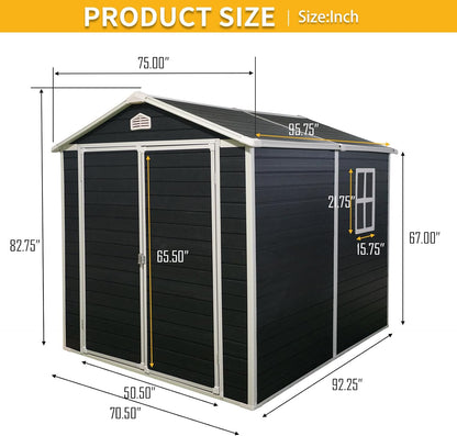 6x8 FT Outdoor Storage Shed, Resin Garden Shed with Thick Floor, Plastic Storage Shed with Window, Waterproof Outside Tool Shed with Lockable Hinged Doors for Backyard, Patio, Lawn, Black