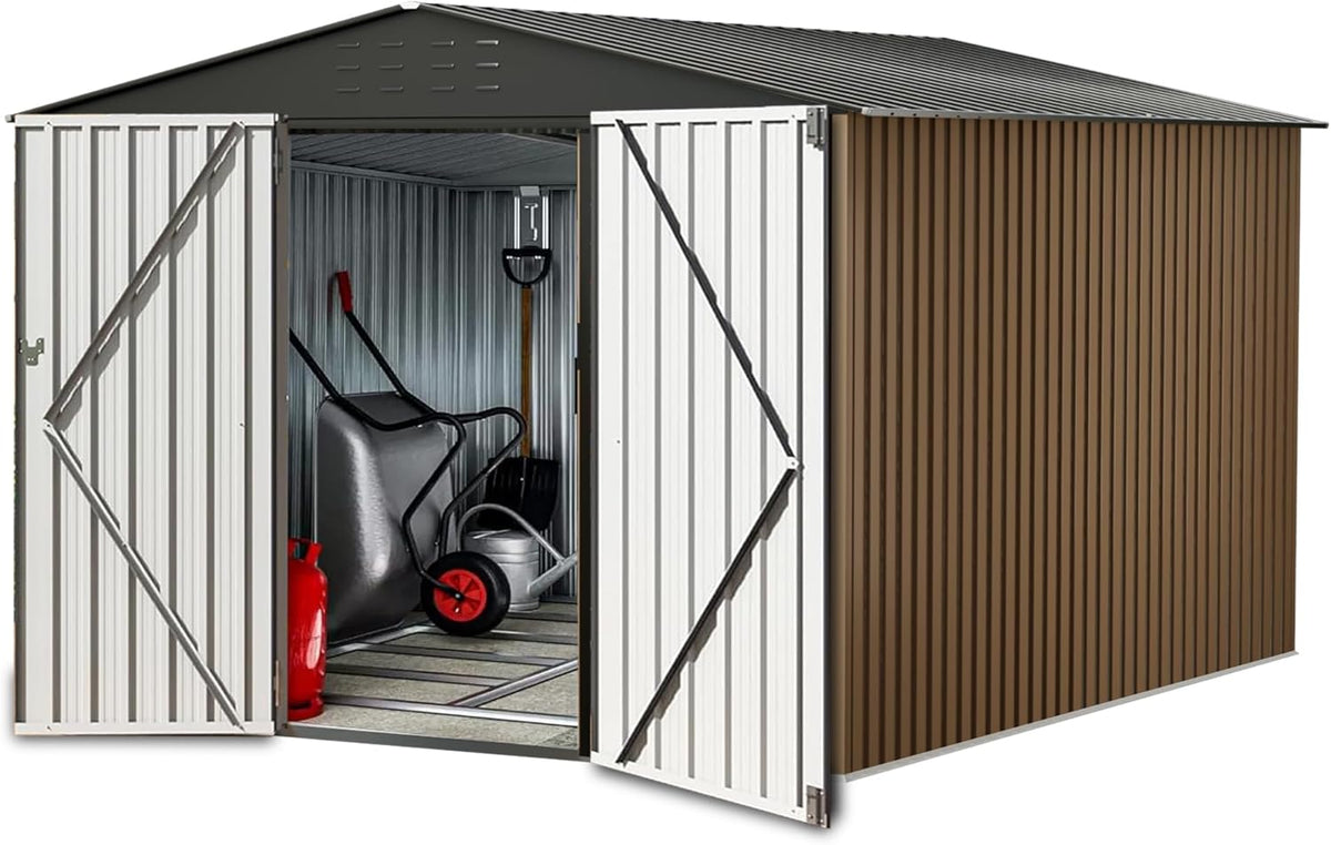 8X8FT Outdoor Metal Storage Shed, Lockable Weatherproof Garden Shed for Tools & Equipment, Durable Galvanized Steel with Sloping Roof & Ventilation, Ideal for Backyard, Patio & Garage Storage, Brown