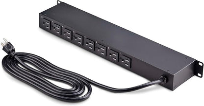 StarTech 8-Outlet 1U Switched PDU, 15A, TAA, 125V (8NS8-RACK-MOUNT-PDU) | Horizontal rack mount power strip, Outlet on/off switches, 15A breaker, 8ft/2.4m cord, NEMA 5-15, Illuminated rockers