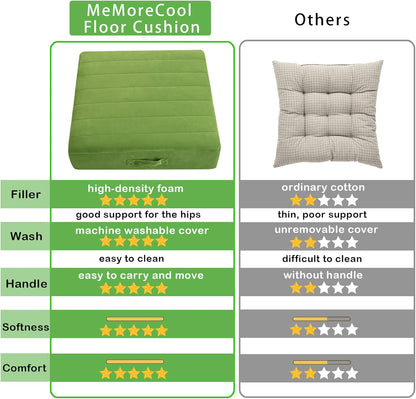 MeMoreCool Square Floor Pillow Seating for Adults Kids, Large Meditation Cushion Floor Pillow with Thick Foam & Soft Tufted Cover, Washable Big Pillow Seat Floor Cushion for Sitting Yoga 22" Green