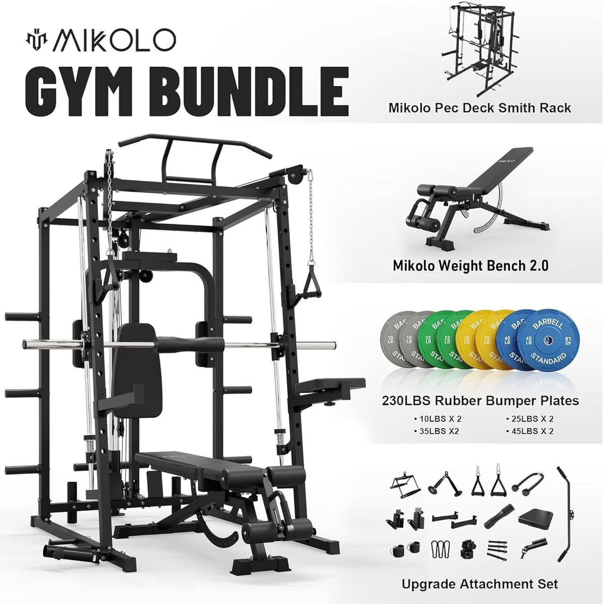 Mikolo All-in-One Smith Machine Home Gym, 2000LBS Power Cage with Cable Crossover System, Integrated Squat Rack with Weight Bar for Full-Body Training—LAT Pulldown, T-Bar Row, Triceps, Chest Fly