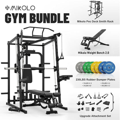 Mikolo All-in-One Smith Machine Home Gym, 2000LBS Power Cage with Cable Crossover System, Integrated Squat Rack with Weight Bar for Full-Body Training—LAT Pulldown, T-Bar Row, Triceps, Chest Fly