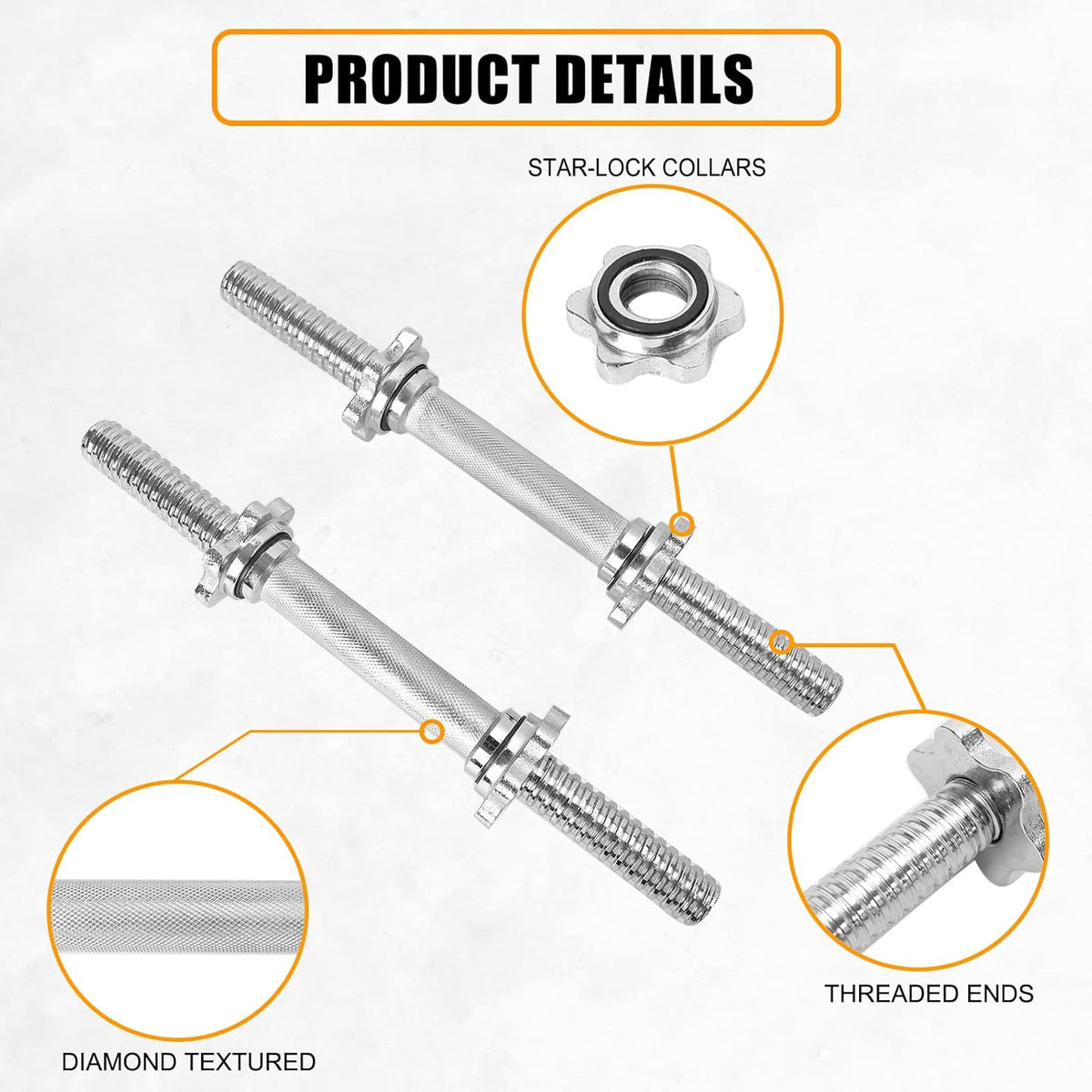 Threaded Dumbbell Rubber/Chrome Handles 1 Inch Pair, Adjustable Dumbbell Bar Handles, Fits Standard Weight Plates with 1” Diameter, for Gym Workouts, Exercise, Weightlifting, Sold in Pair