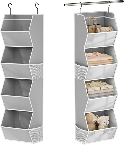 Hanging Closet Organizer 4 Shelf Collapsible Bedroom Closet Organizers and Storage Hanging with Mesh Pockets for Clothes, Fabric Hanging Storage Bins for Wardrobe Closet Organization and Storage, Grey
